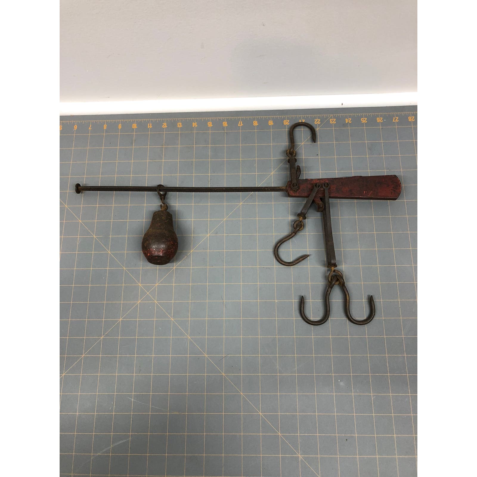 Vintage Cast Iron Slide Balance meat, grain Farm Scale 19 3/4 Long 4 Hooks