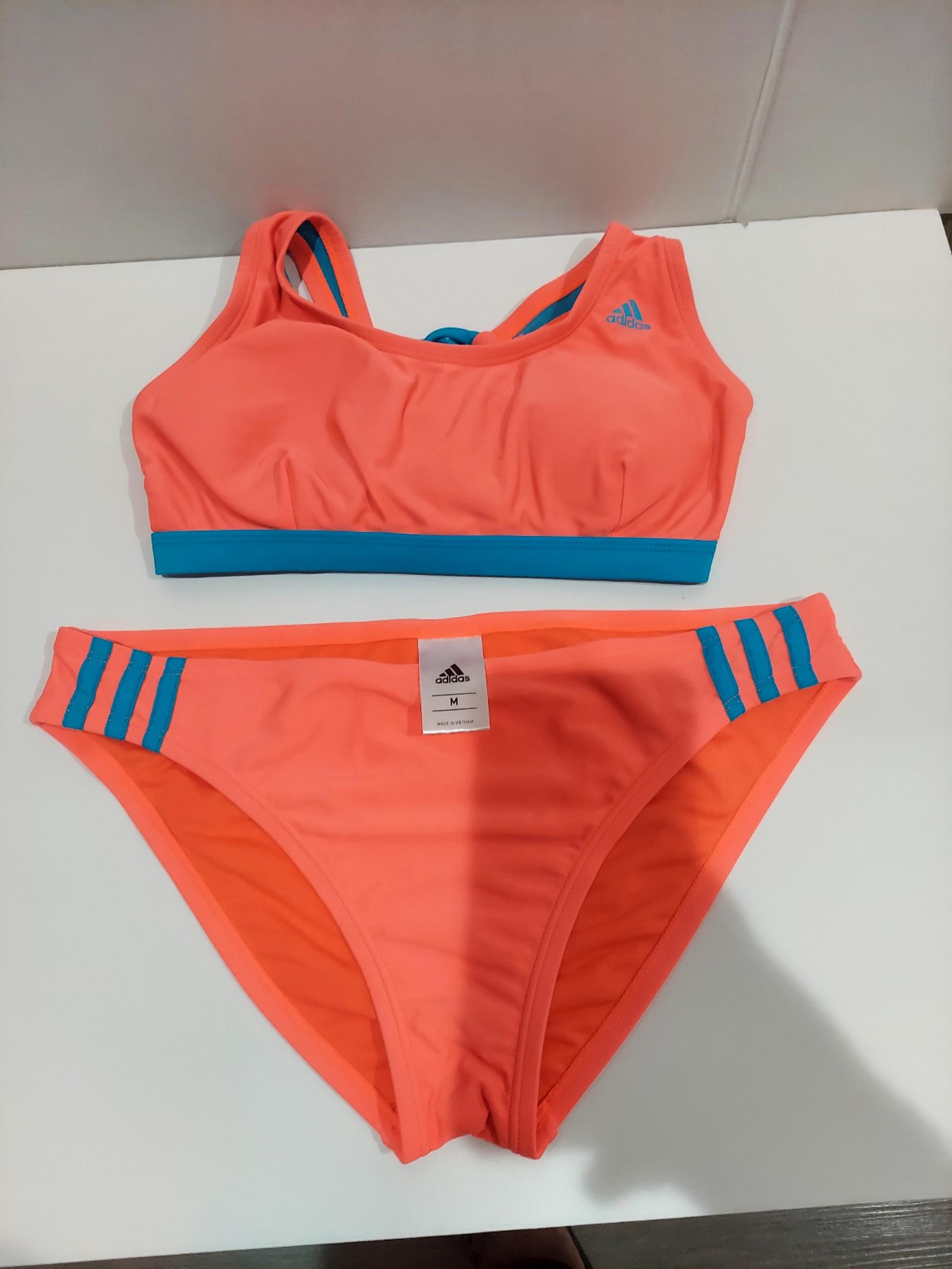 Adidas Stripe Sports Hipster Bikini 2 Piece Bathing Suit Neon Peach. Size M