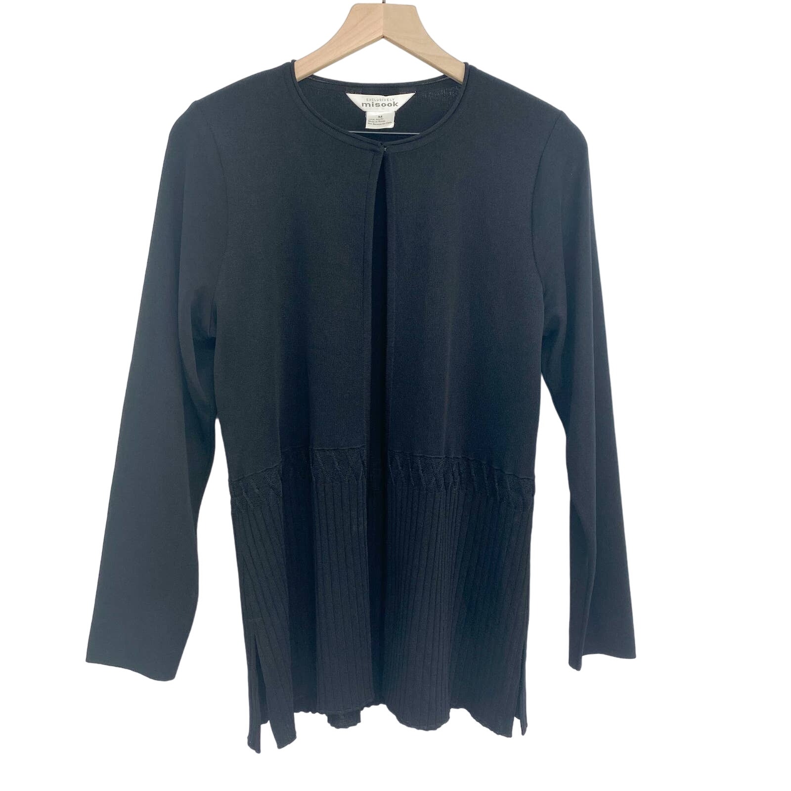 Misook Cardigan Pleated Ponte Knit Black Cardi Sweater Top Closure Womens Medium