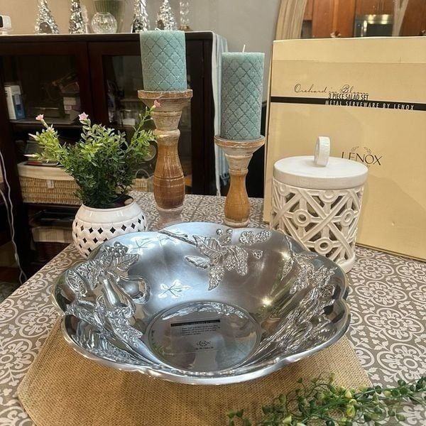 Lenox Orchard in Bloom 15 Inch Metal Salad Serving Bowl scalloped edge NEW