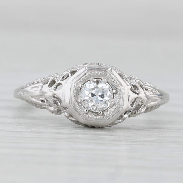 Art Deco 0.30ct Diamond Engagement Ring Filigree 18k White Gold Size 6.25