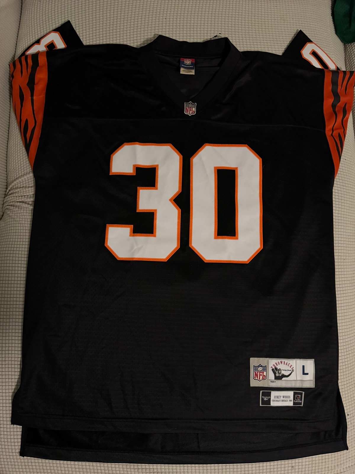 Ickey Woods Bengals 30 1989 throwback sewn NFL jersey, size L