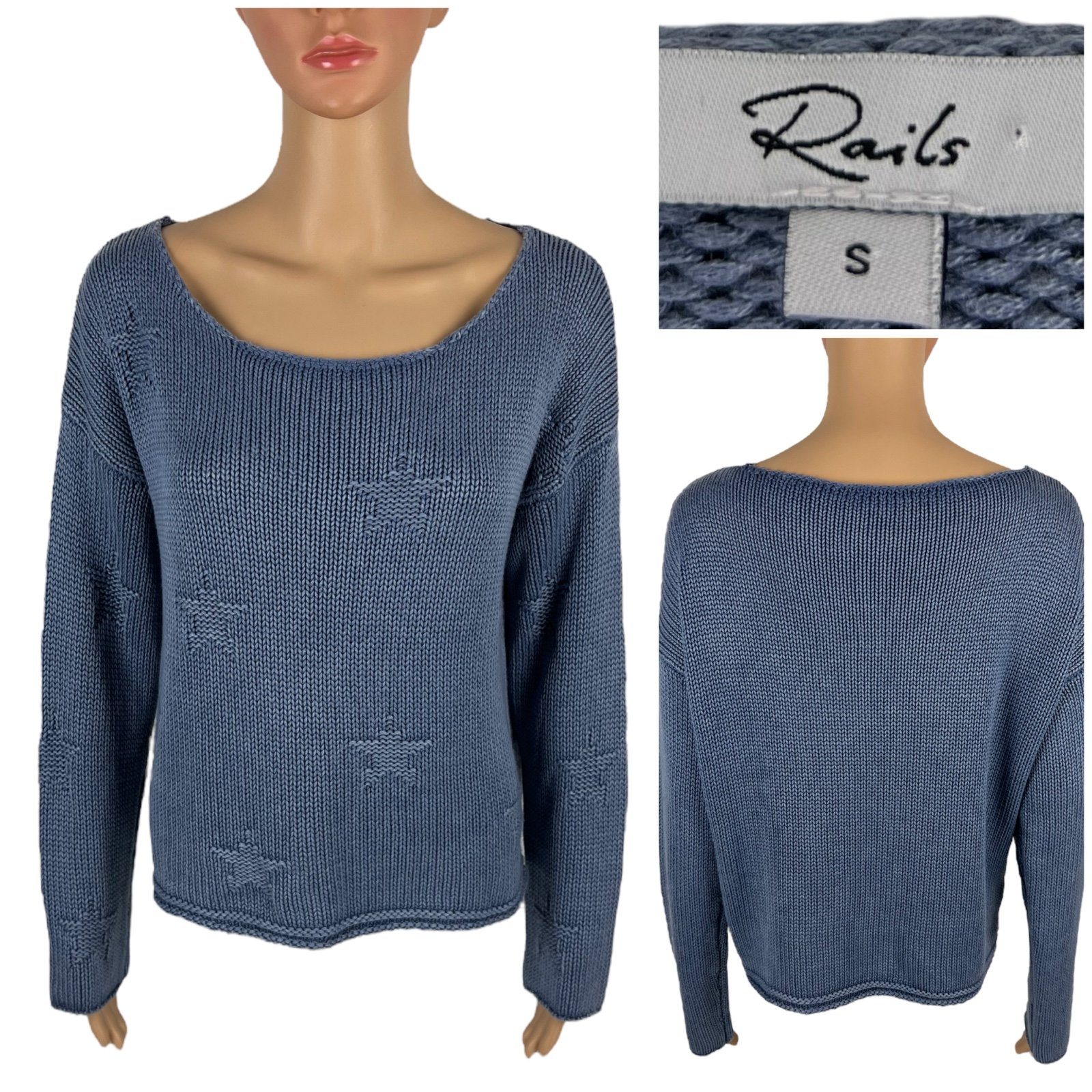 Rails Womens Small Sweater Vintage Look Blue Cotton Blend Kalani Navy Stars