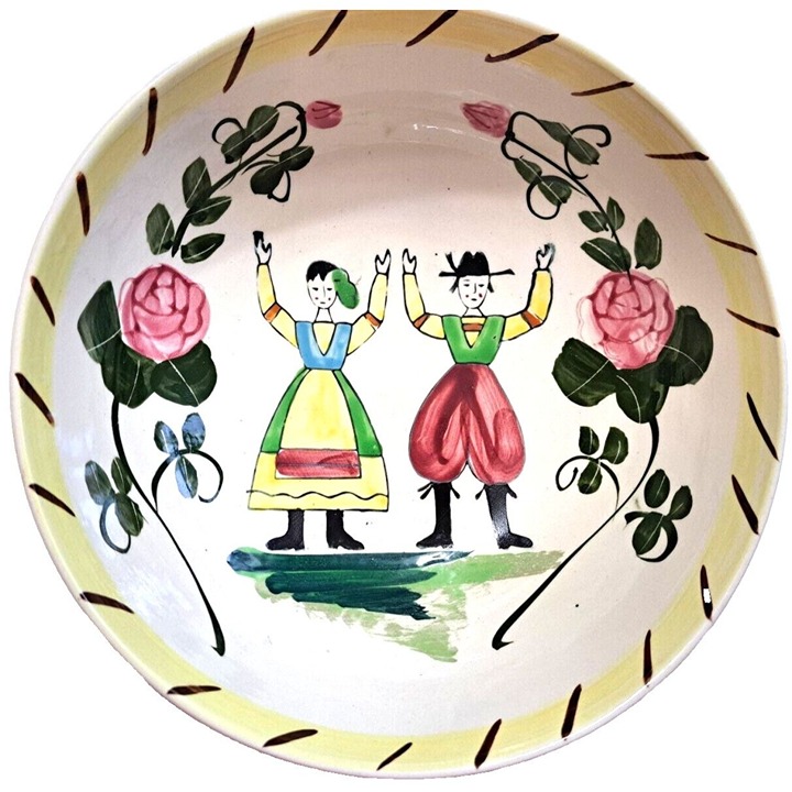 Pennsylvania Dutch Folk Art 10 In. Serving Bowl Hand-Painted Japan Vintage