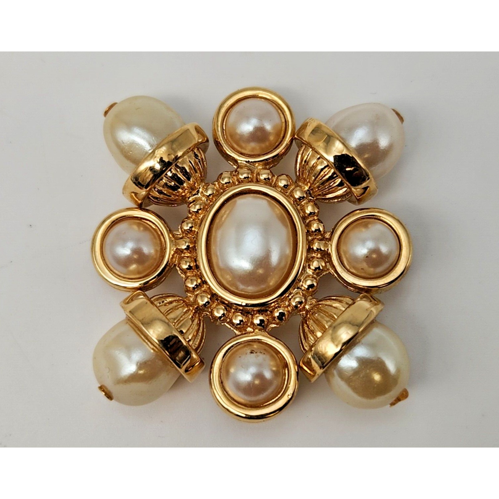 St. John Designer Brooch Maltese Cross Signed Gold Tone Faux Pearl Cabachon Pin