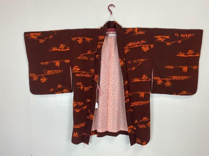 Japanese Vintage Haori Silk robe fabric Brown base Orange accented