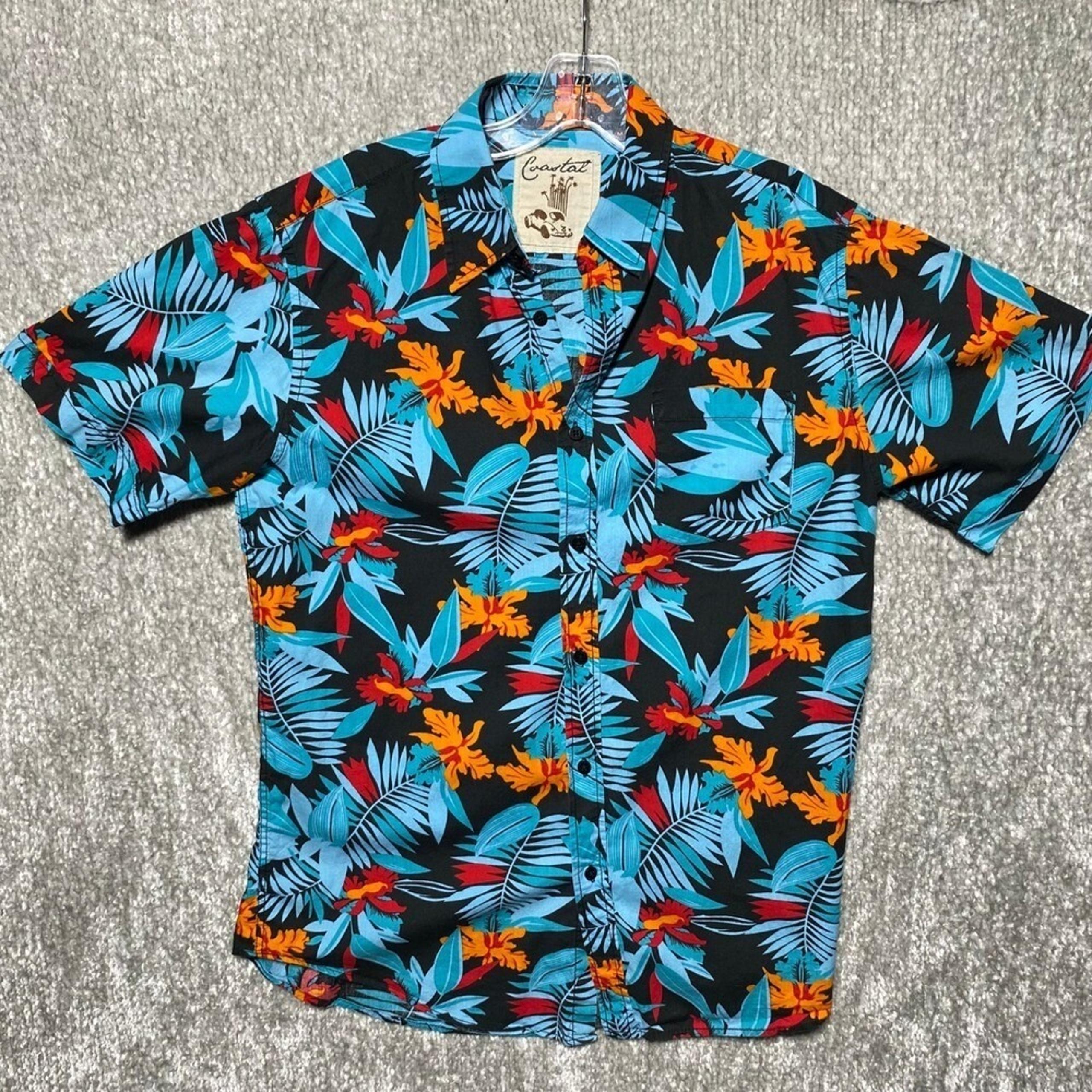 Coastal Palm Hawaiian Shirt Tropical Floral Button Up Short Sleeve Men's Medium