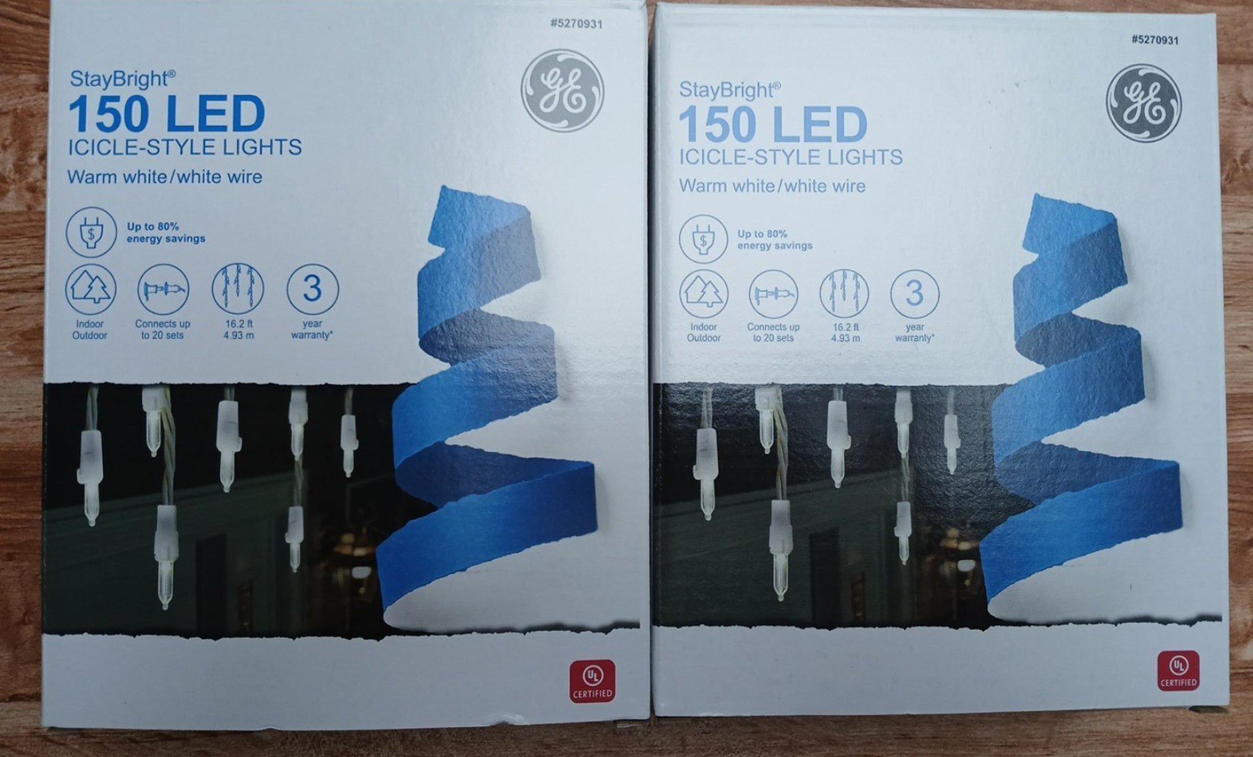 GE Stay Bright LED icicle lights 150 clear. 2 boxes