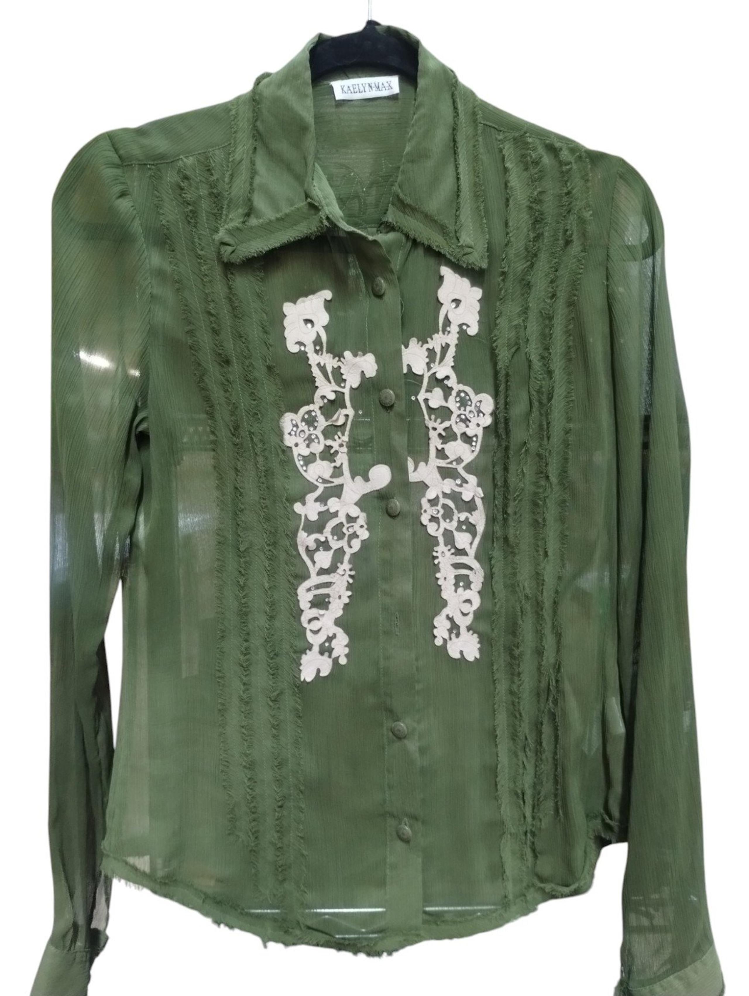 Y2K Kaelyn-Max Olive Sheer Artsy Distressed Textured Top Women's S Dainty Romant