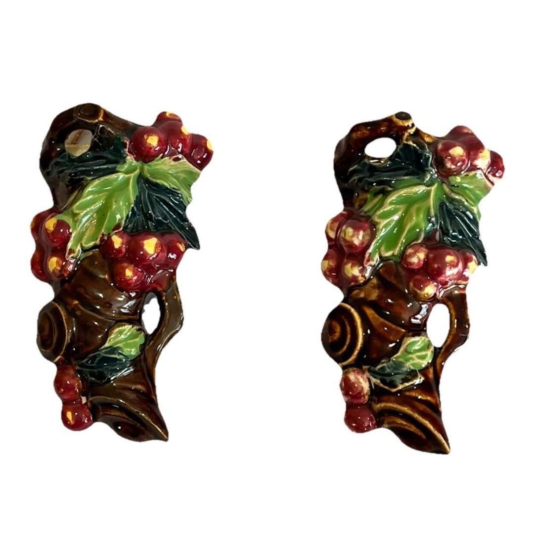 Two Matching 7 Inch Majolica Style 1940s Era Grape Vine Wall Pockets