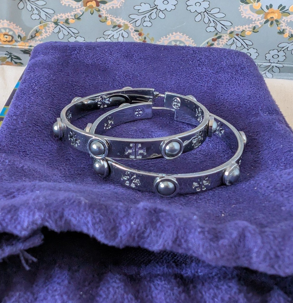 Tory Burch Pierced T Pearl Hoop Earrings Silver