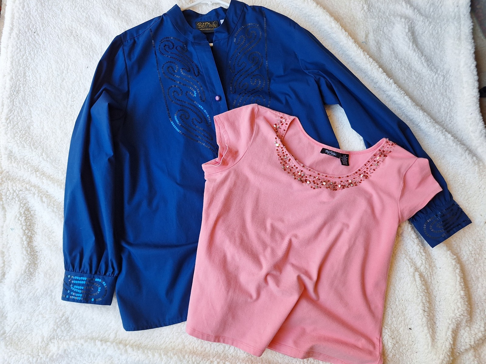 Bob Mackie Wearable Art Blue Sequin Top + Studio Pink Embellished Shirt  Size L