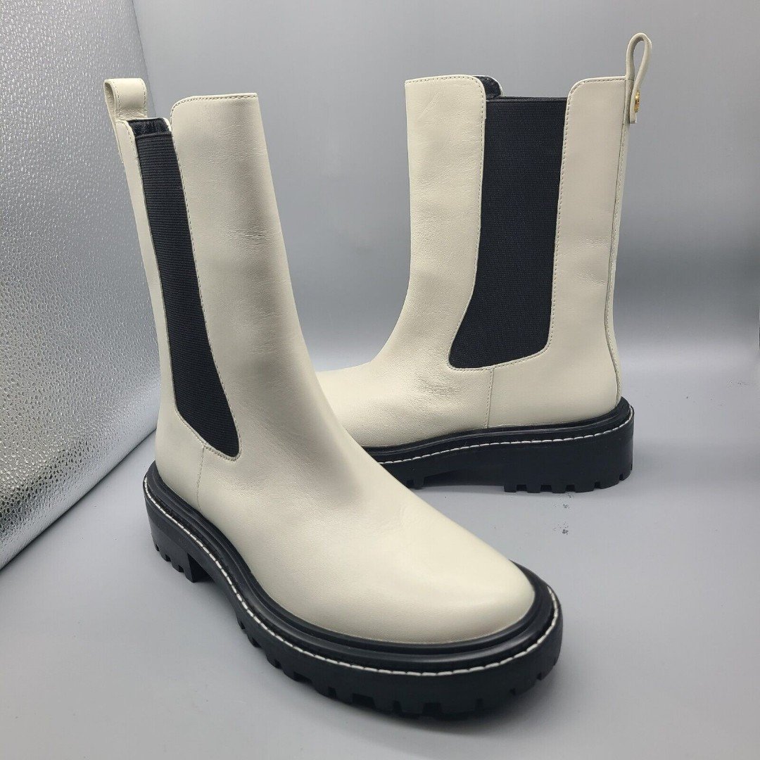 TORY BURCH Womens Benton Boots Pull On Chelsea Ivory Leather Midcalf sz 8 New