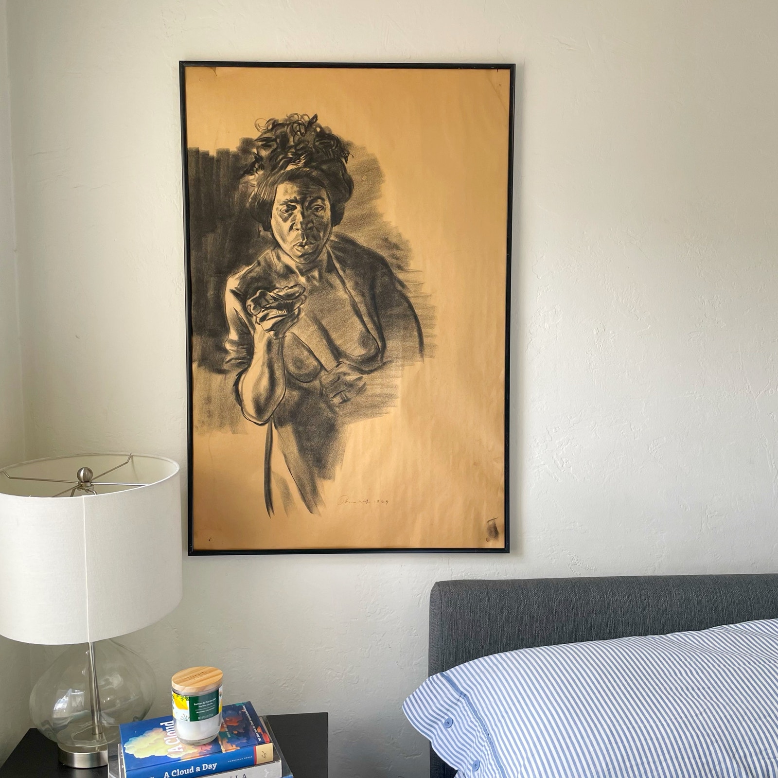 Vintage Original Nude Woman Charcoal Drawing 1969