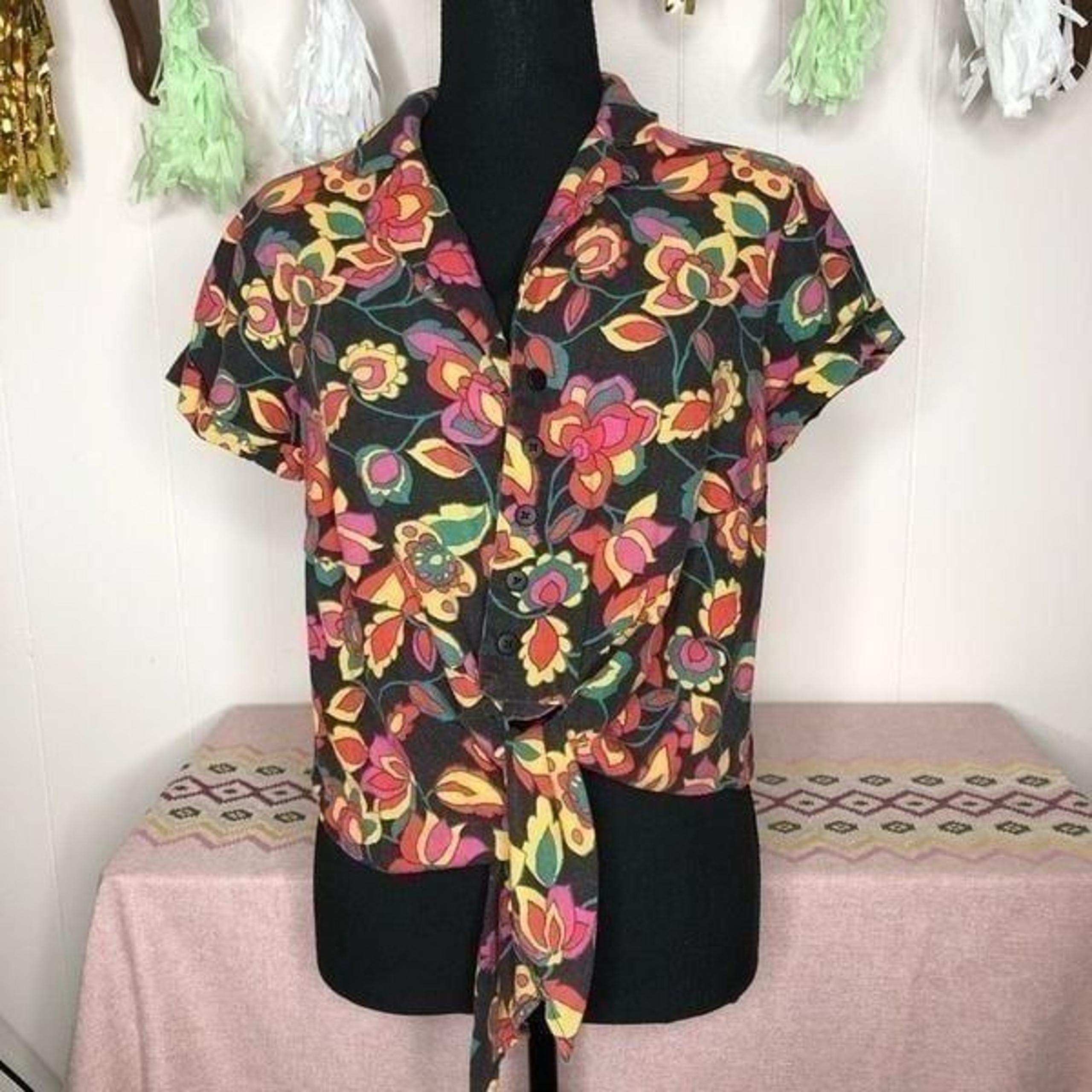 ModCloth Womens Floral Button Front Linen Tie Front Blouse Top Multicolor Small