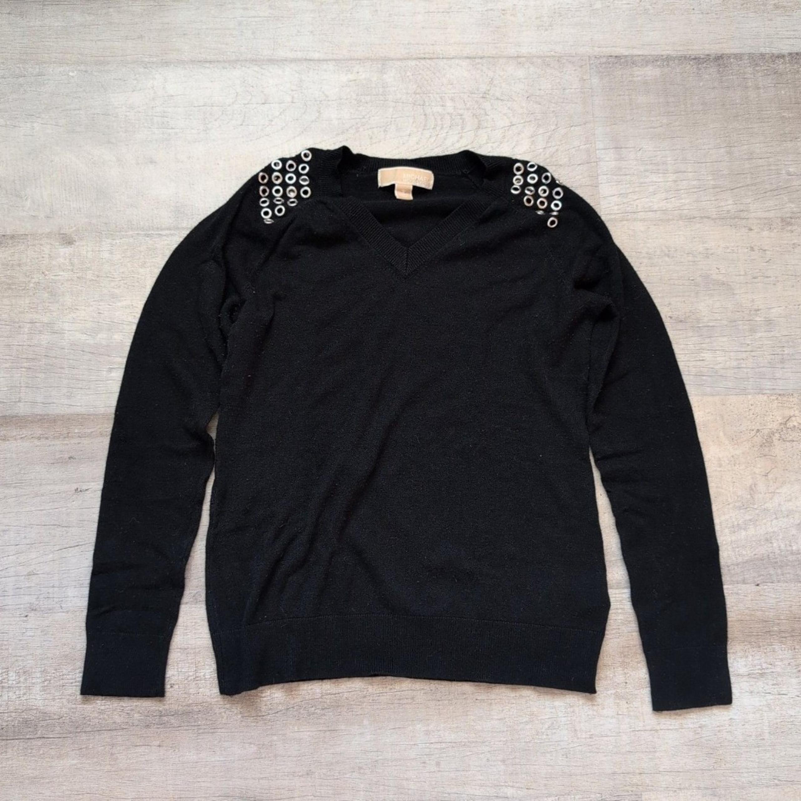 MICHAEL KORS BLACK V-NECK COTTON BLEND SWEATER+GOLD TONE GROMMET S