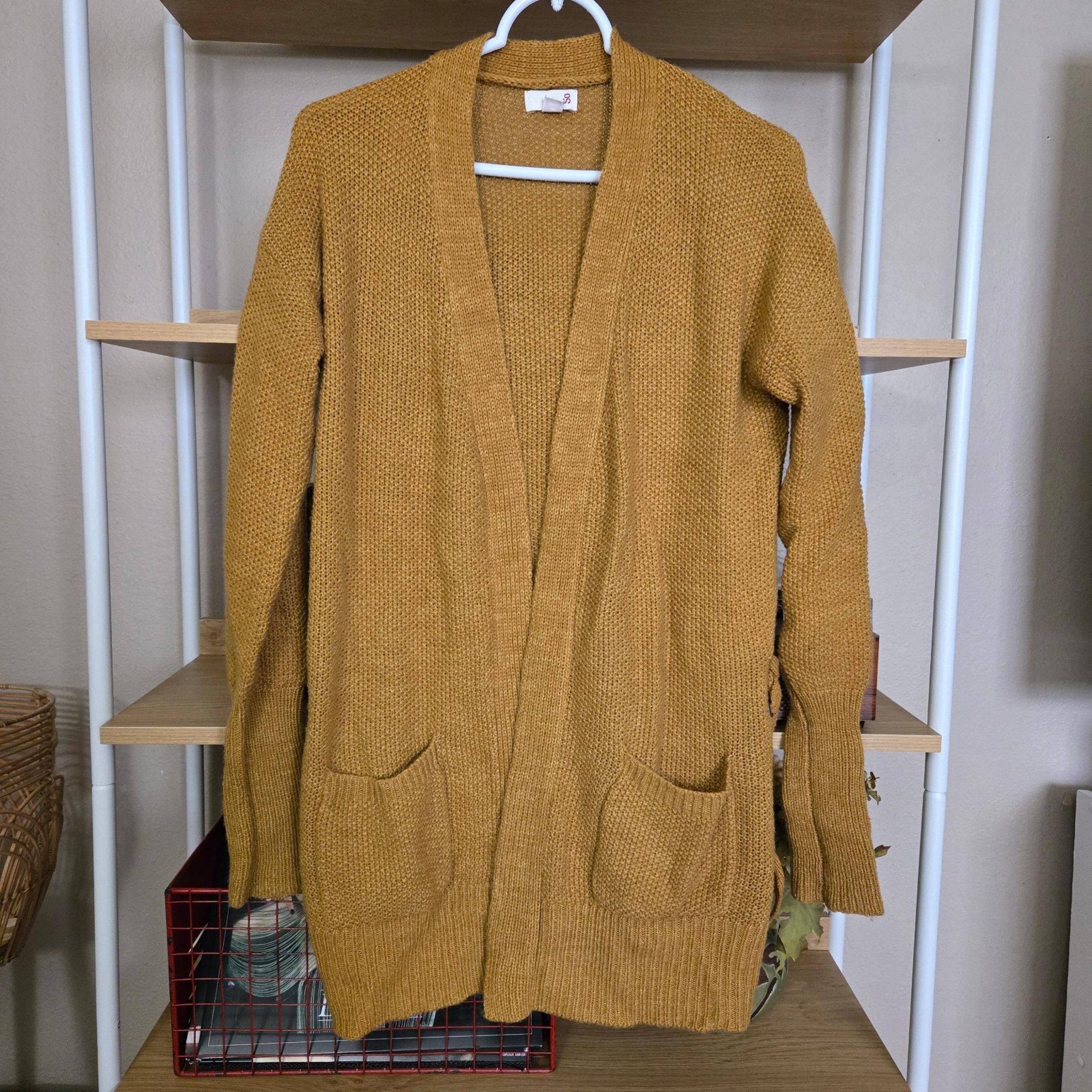 SO Mustard Yellow Womens Cardigan Cable Knit Long Sleeve Pocket Sweater Junior M