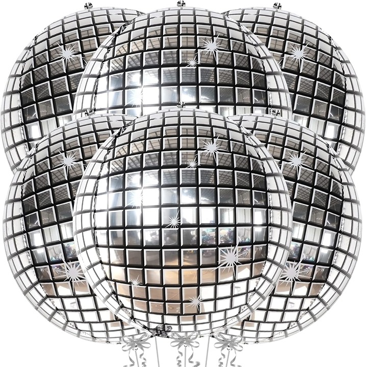 Big Silver Disco Ball Balloons - Pack of 6, Disco Party Decorations