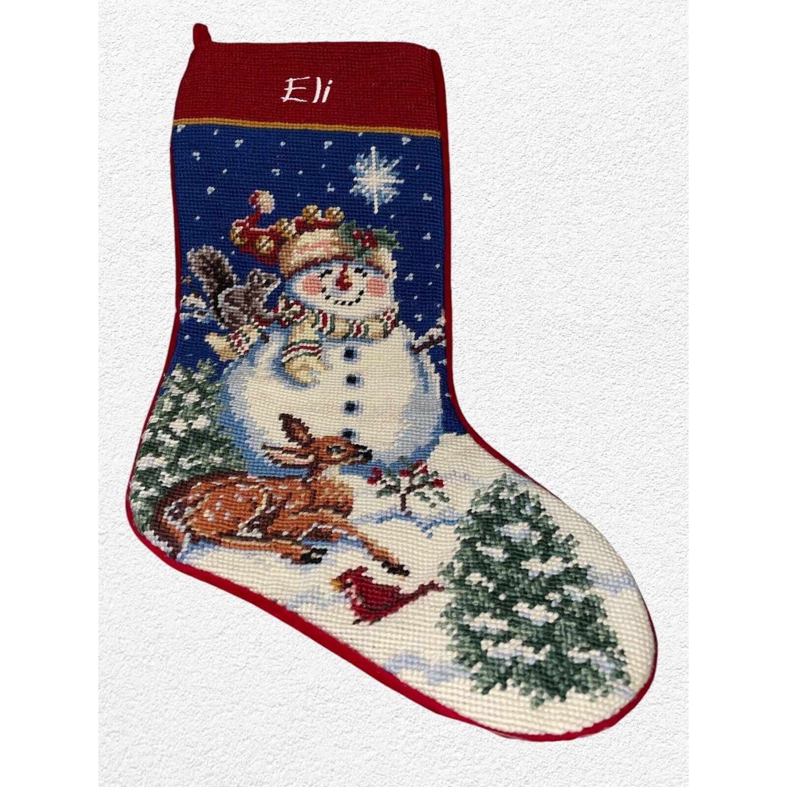 Vintage Needlepoint Wool Christmas Stocking Snowman Reindeer Star 17” Name Eli