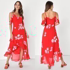 Lulus | Love in Bloom Red Floral Print Off-the-Shoulder High-Low Dress
