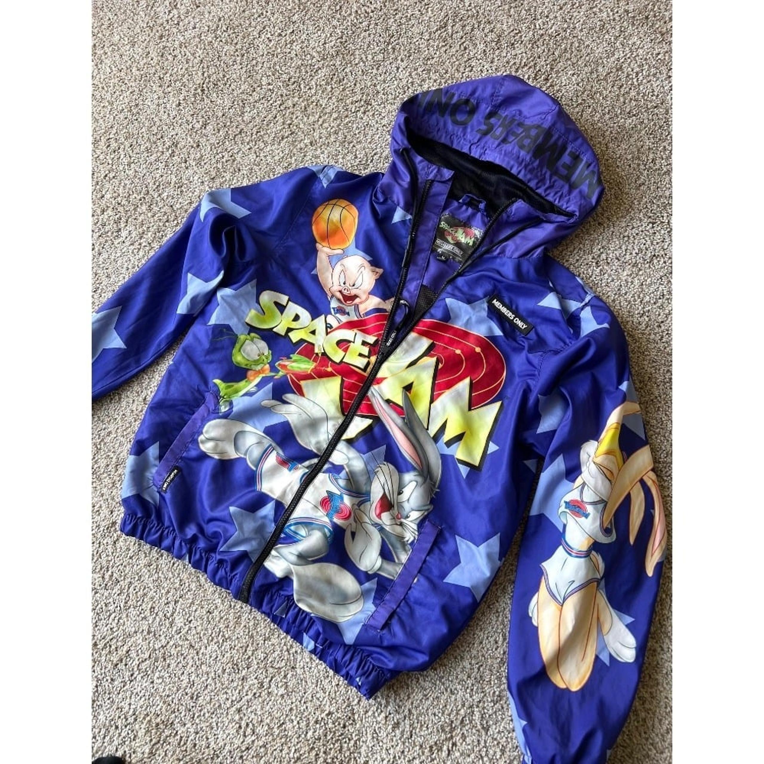 Members Only Space Jam Windbreaker Full Zip Hooded Jacket looney tunes Cartoon M