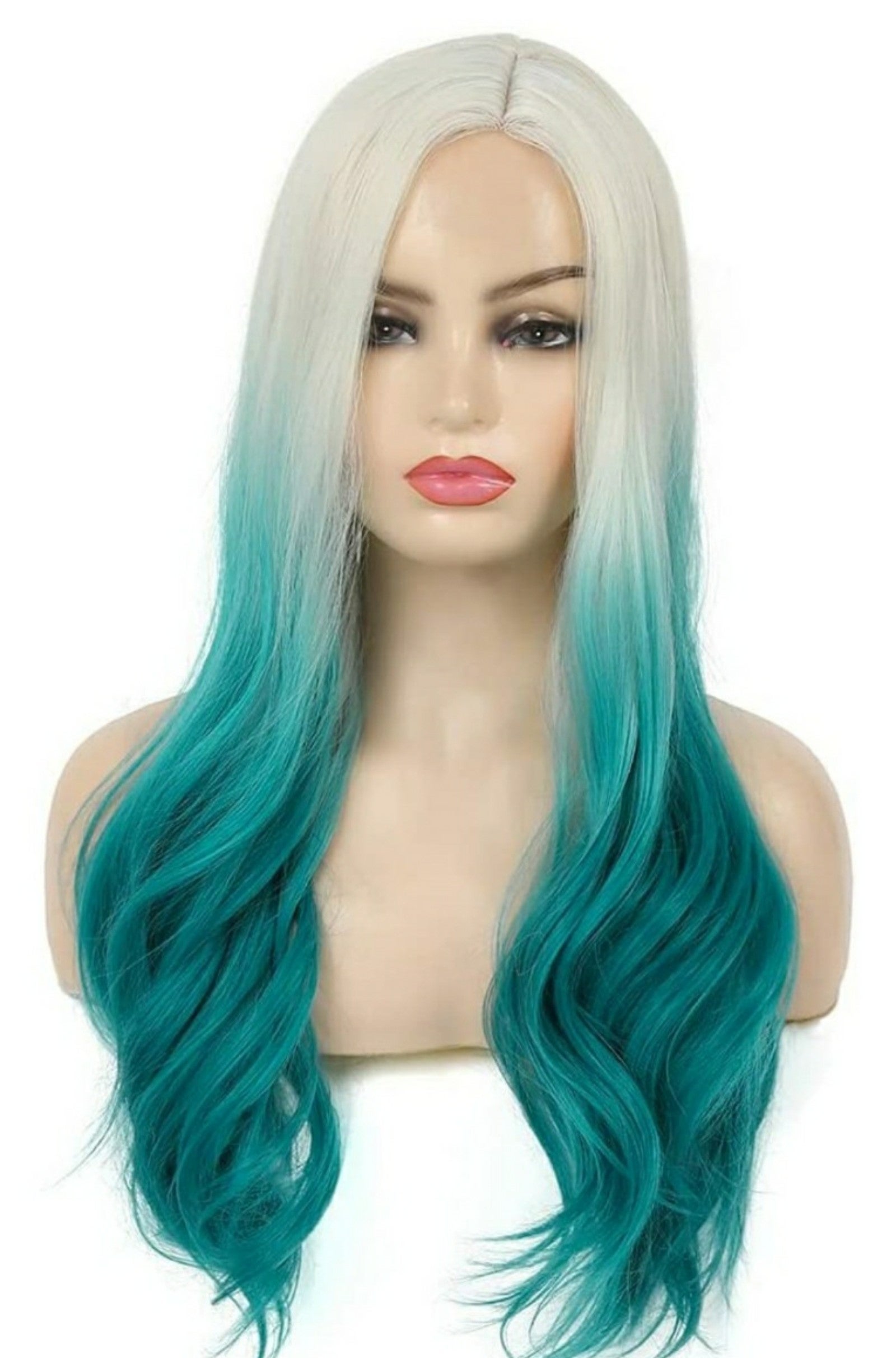 Lace front- Platinum blonde To Blue ombre curl wavy wig Synthetic Hair