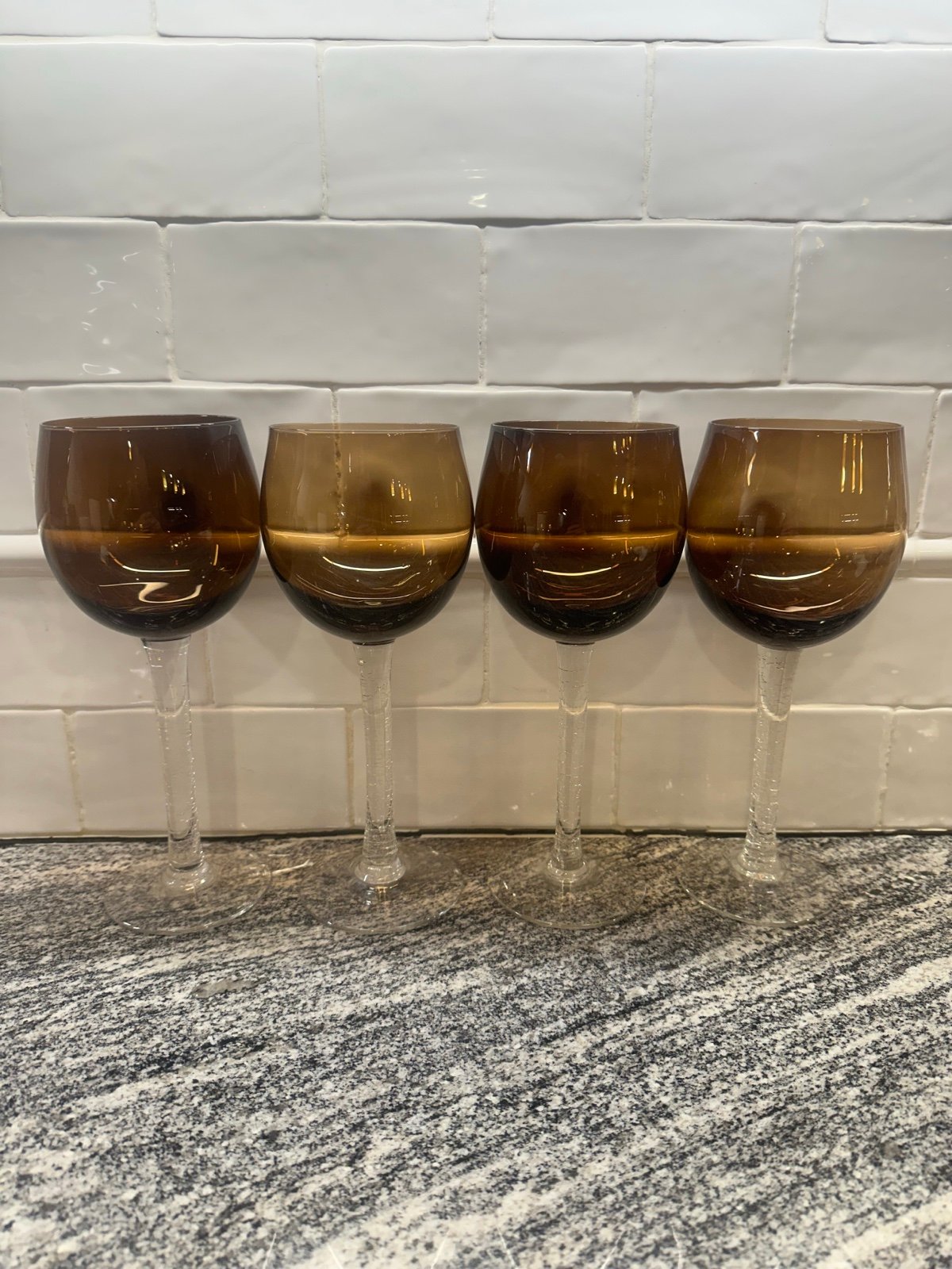 Pier 1 Set Of 4 Smoke Crackle Glass Balloon Wine Glasses 9 Brown Barware