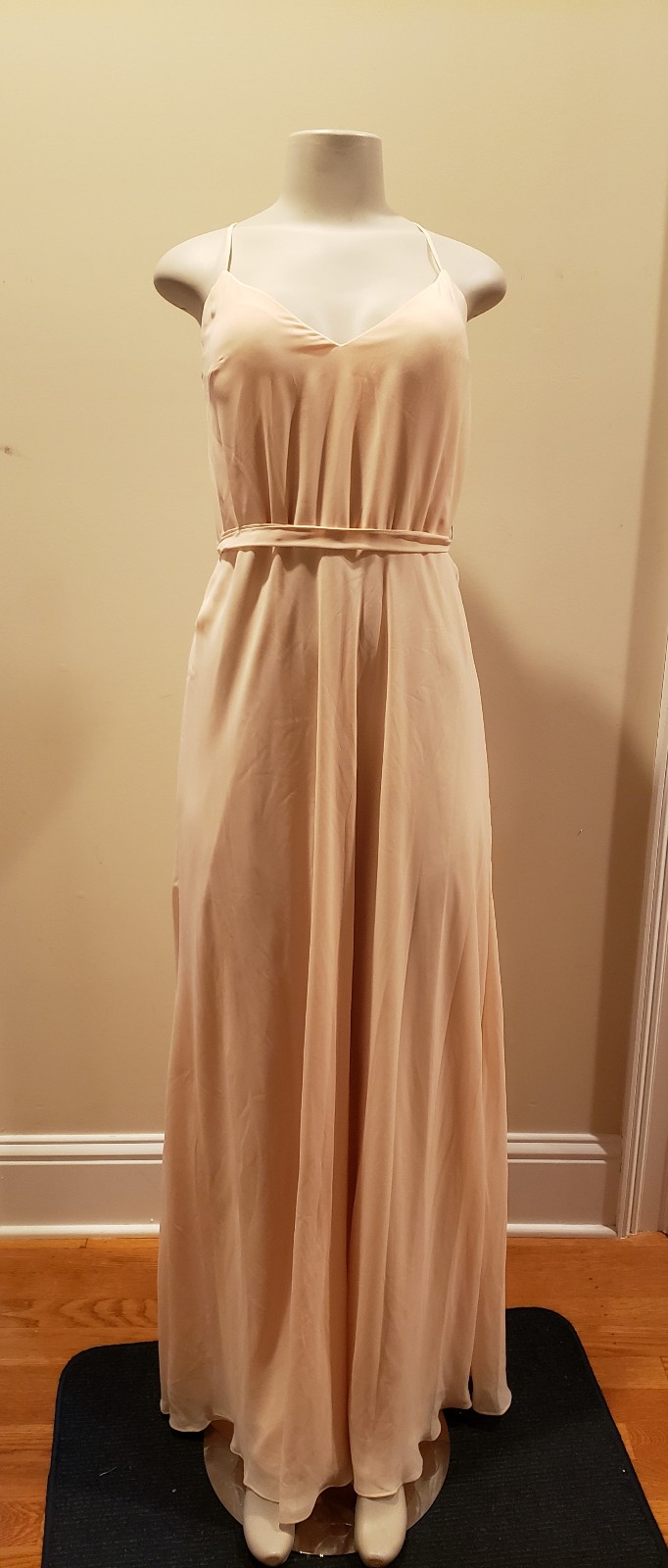 Long bridesmaids dress with spaghetti straps, sandstone color, size 12
