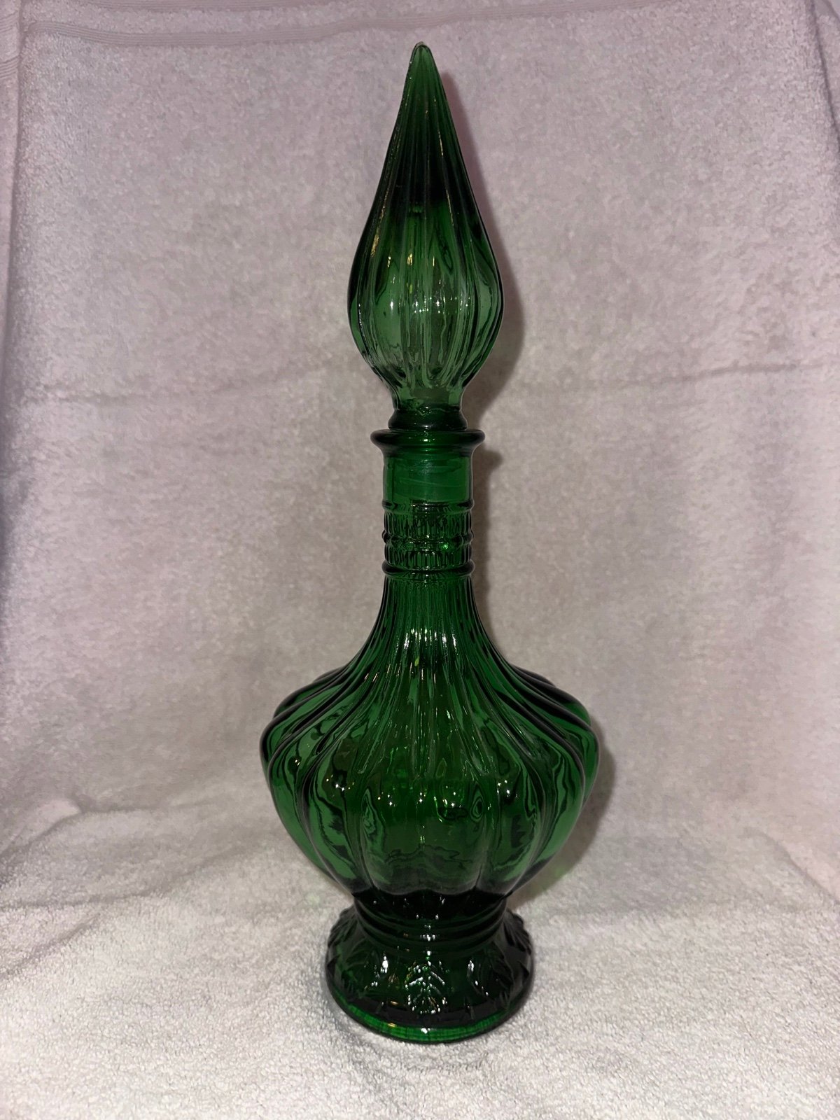 Vintage Mid Century Green Empoli Glass Decanter Bottle & Flame Tip Stopper