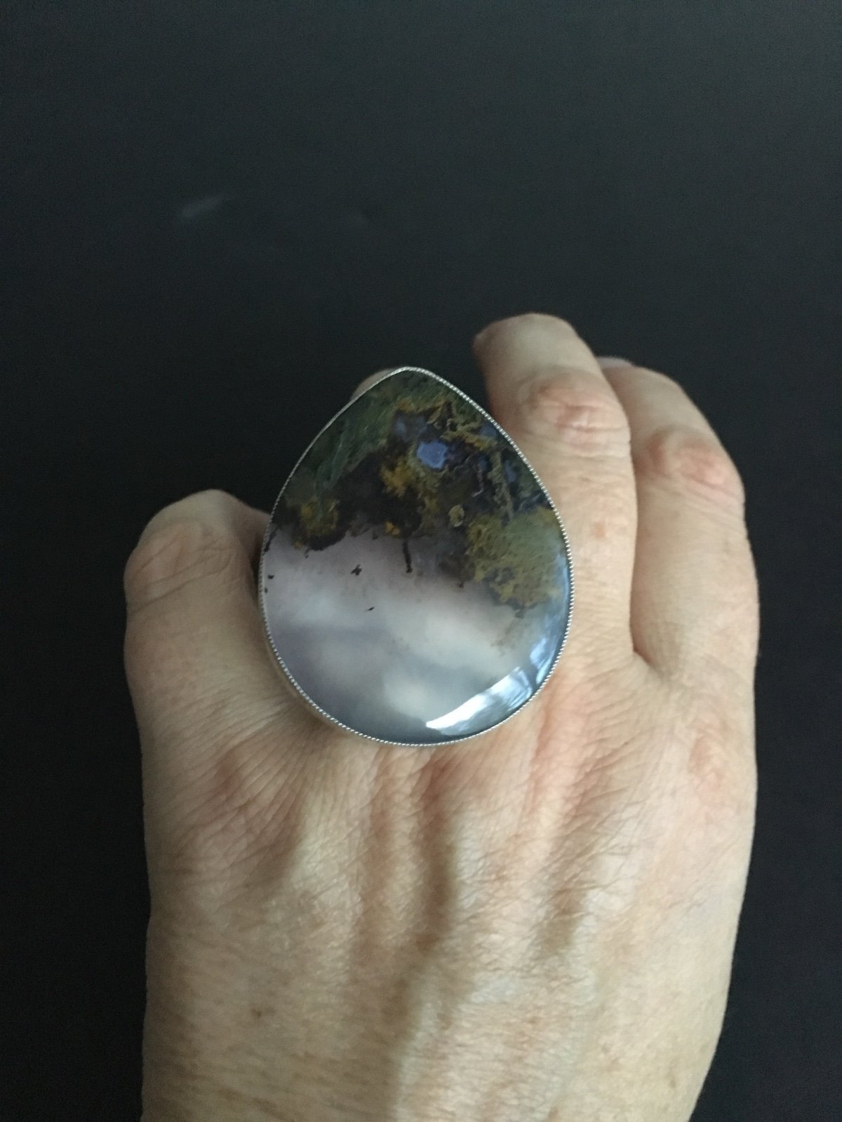 Designer Silver Ring with Polished Dendritic Agathe Unique Gemstone Jewelry