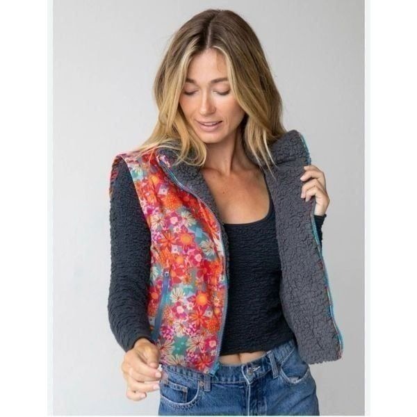 Natural Life Bright Colored Abstract Floral Fleece Lined Crop Vest