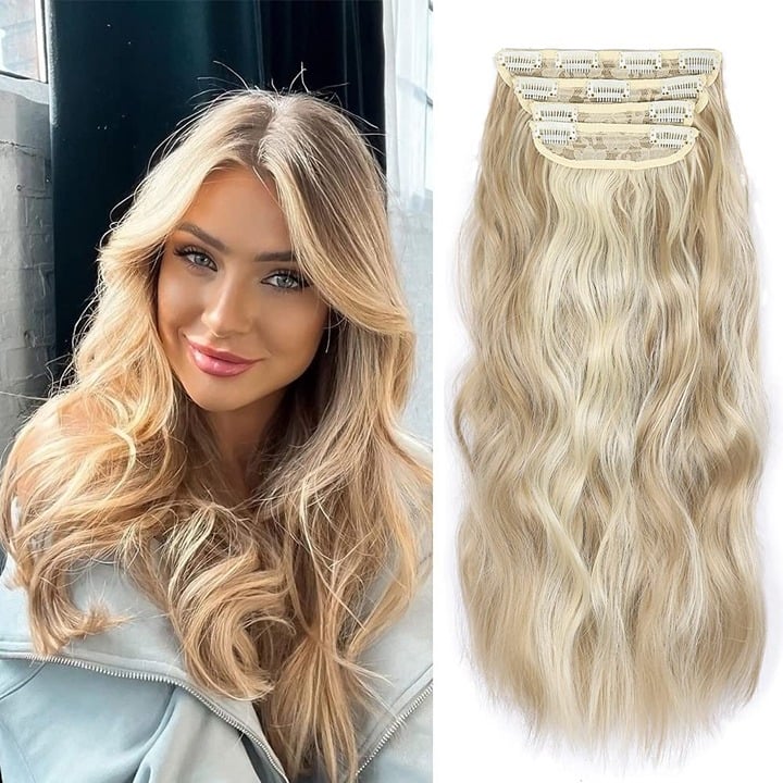Blonde Hair Extensions Clip ins, 4PCS Curly Clip in Human Hair Blend