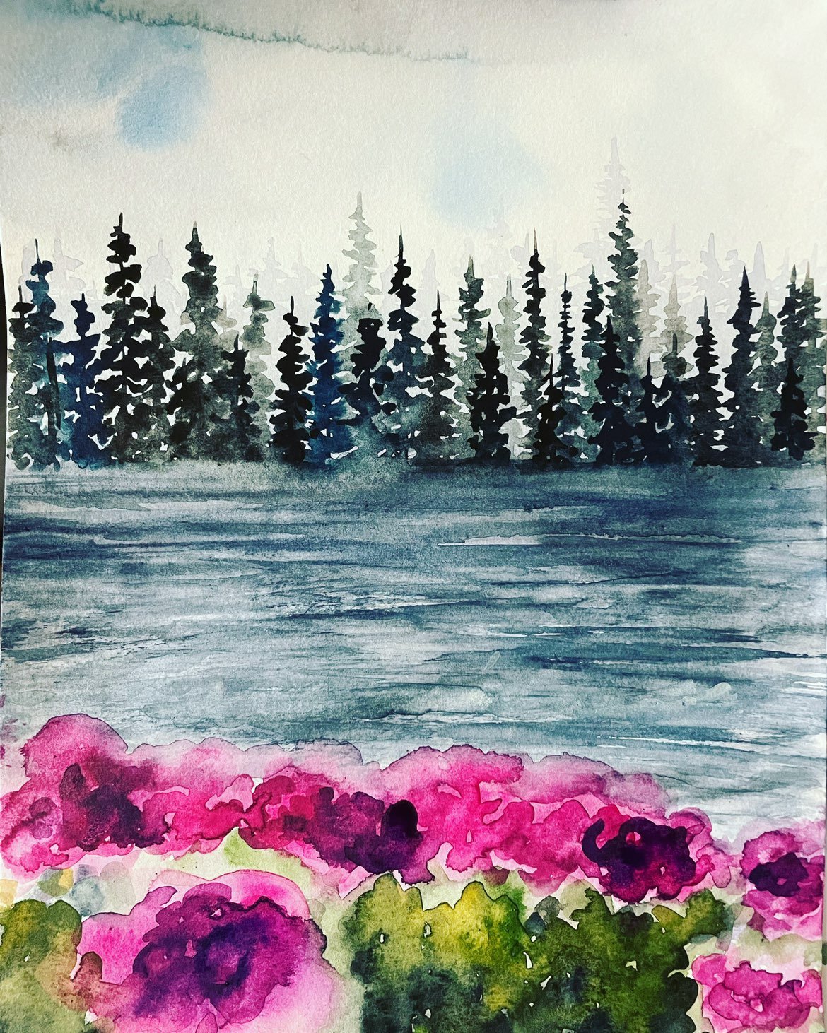 Lake and trees watercolor painting