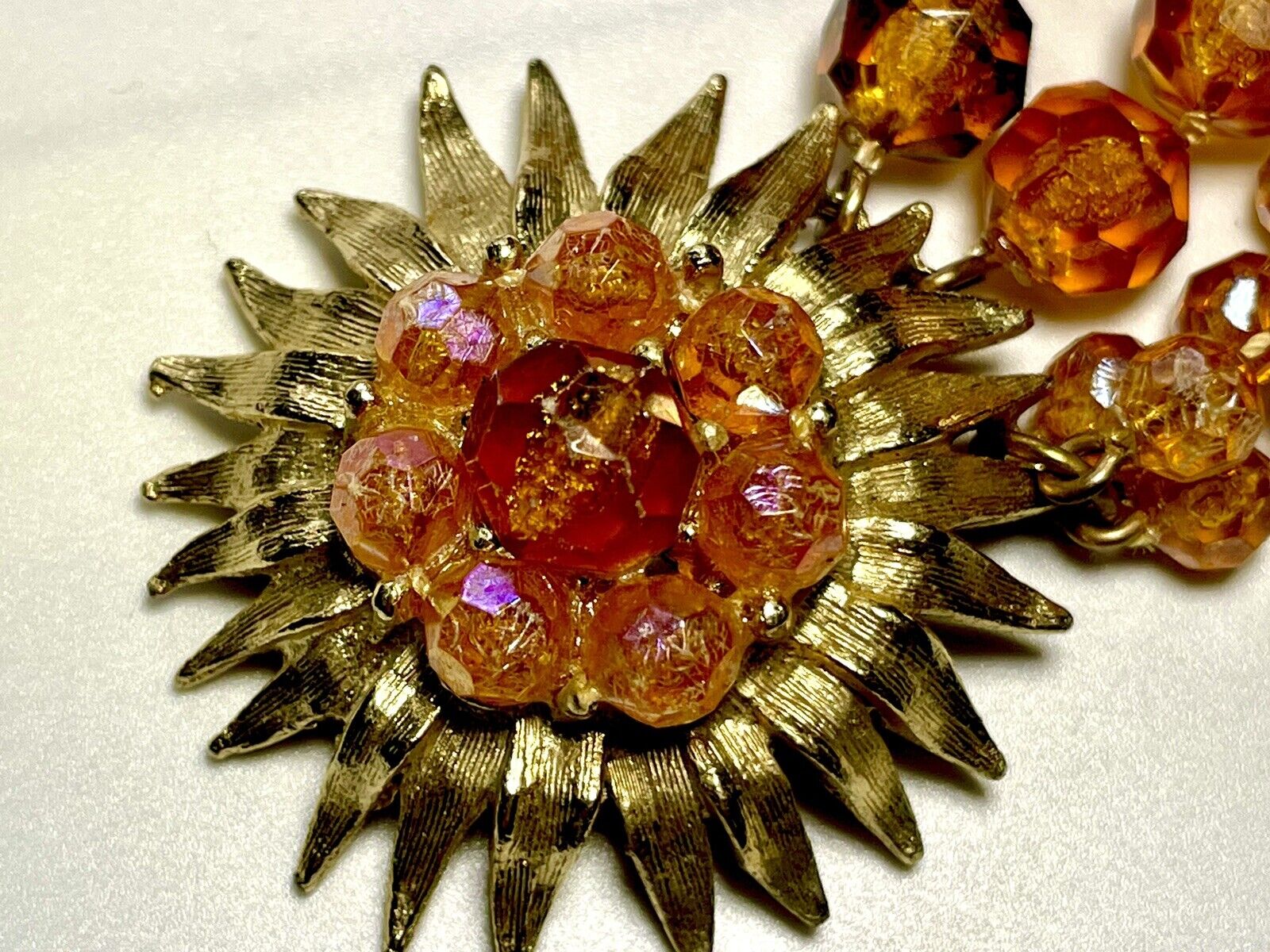 Selini 'Sun Flower' Necklace Vintage jewelry Multi Strand Amber Beads & Pendant.
