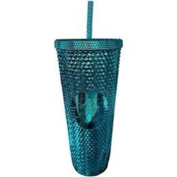 Starbucks 24oz Venti Blue Chrome Studded Tumbler Cup With Straw Metallic Teal
