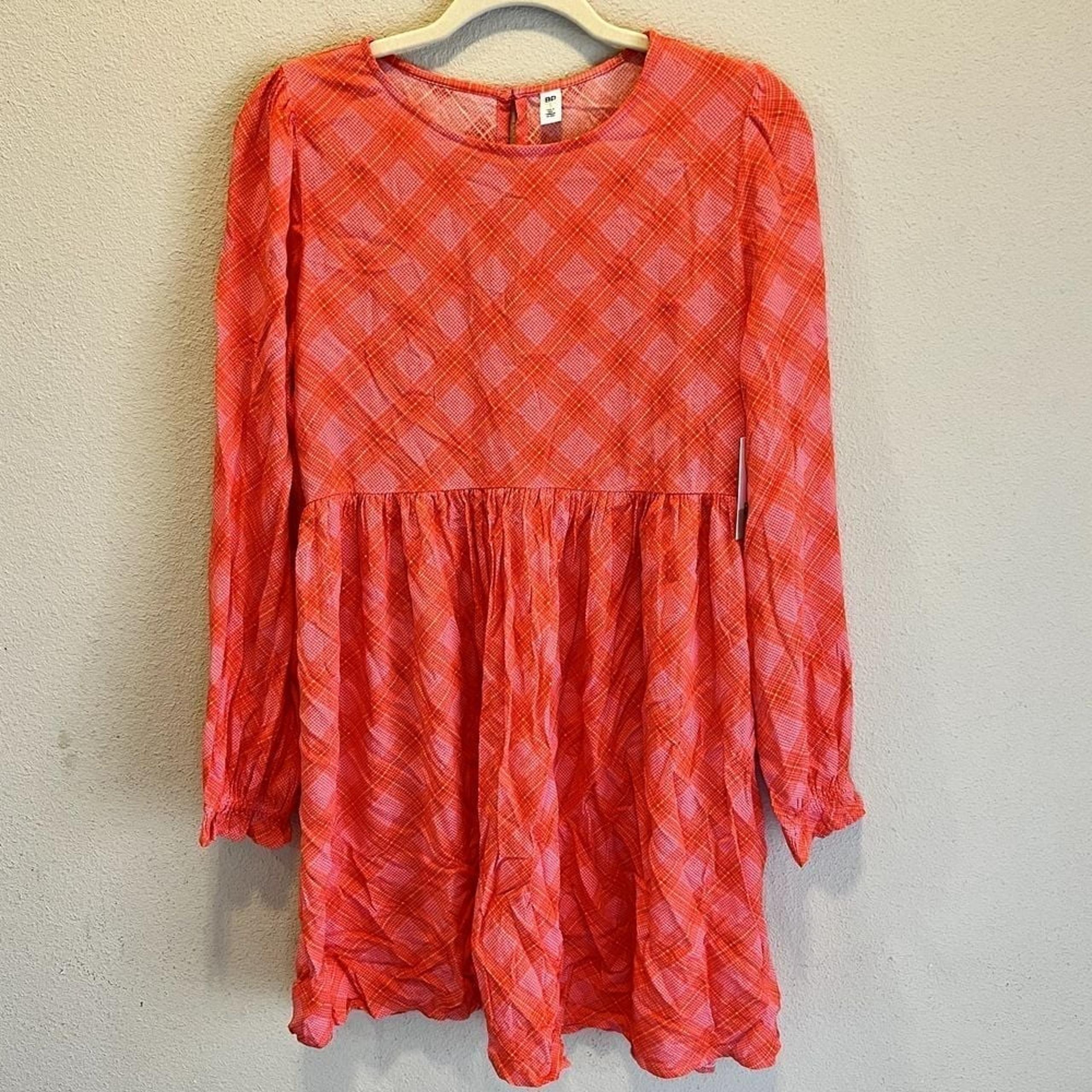 BP Orange Pink Plaid Dress Size Small  Long Sleeve NWT Pleated Womens New N4