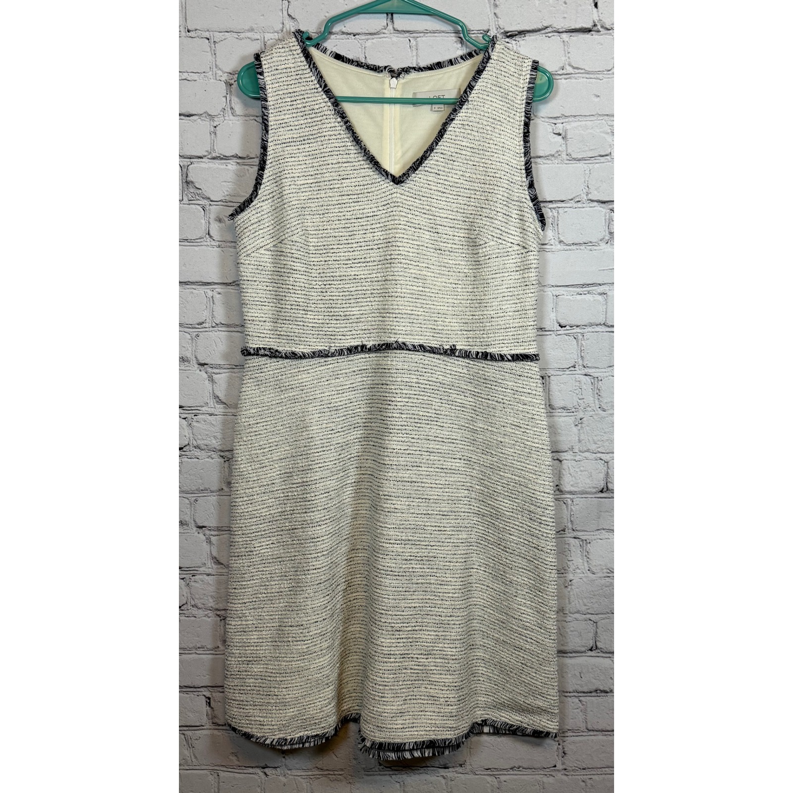 LOFT Sleeveless Tweed Dress Fringed Trim V-Neck Career Party Ivory Black 8