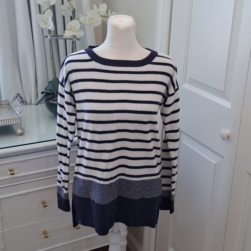 Barefoot Dreams Womens Nautical White/Navy Stripe Terrycloth Pullover Sweater XS
