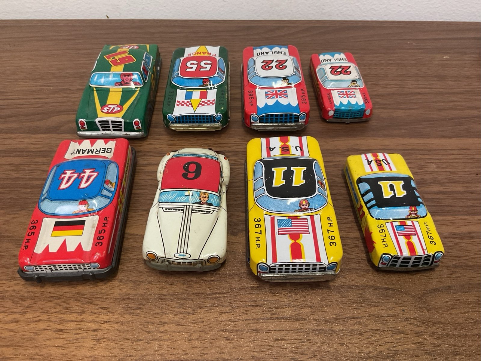 Vintage Tin Litho Friction Race Cars Rare Germany, USA, England & More- Lot Of 8