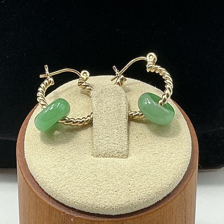 14K Yellow Gold Hoop Earrings Removable Nephrite Jade Dangle 5/8” 1 Gm New
