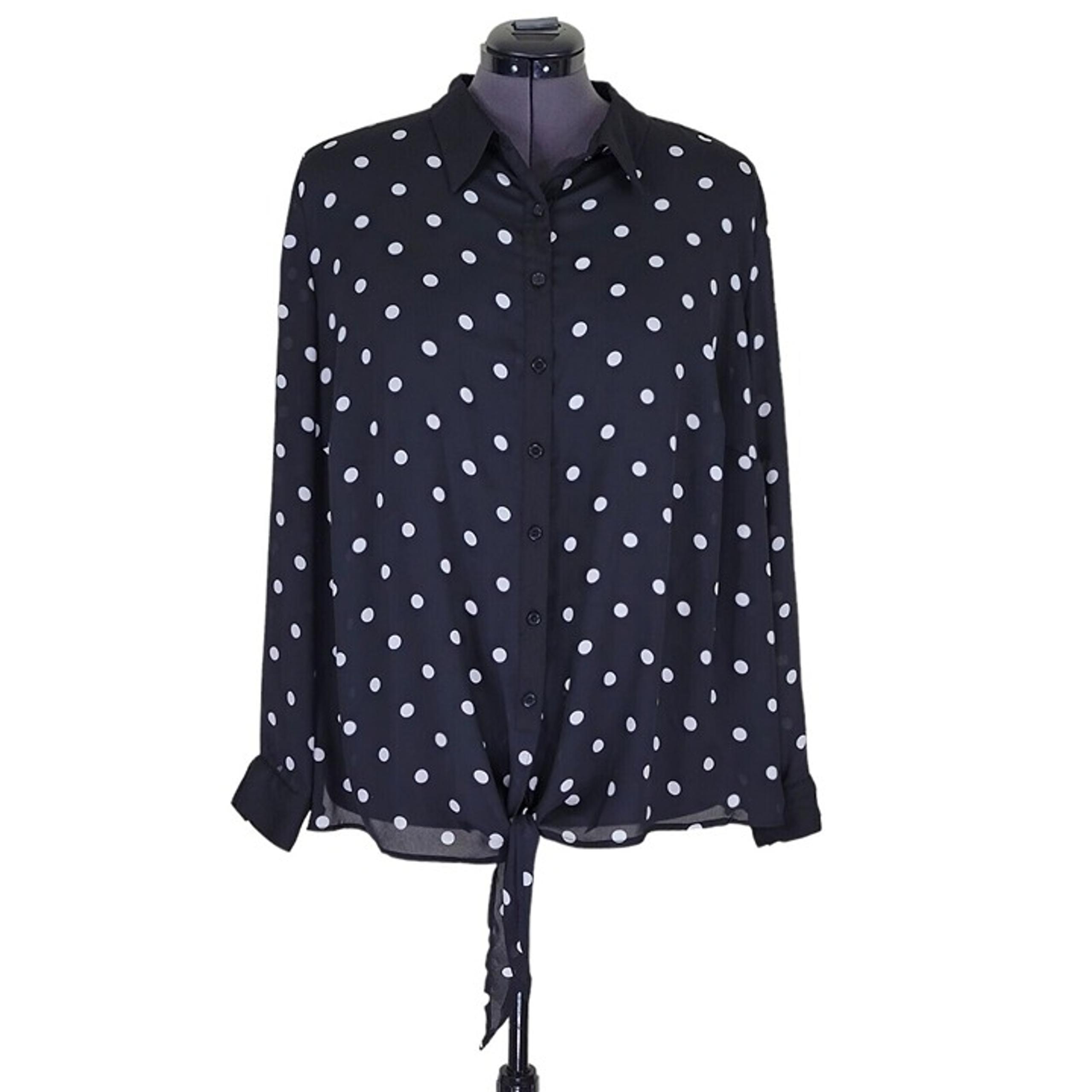 Peter Nygard Blouse Polka Dot Button Front Tie Bottom Roll Tab Black White Sz 3X