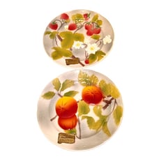 2 Vintage St Clement France Barbotine Majolica Fruit Plates Original Foil Labels