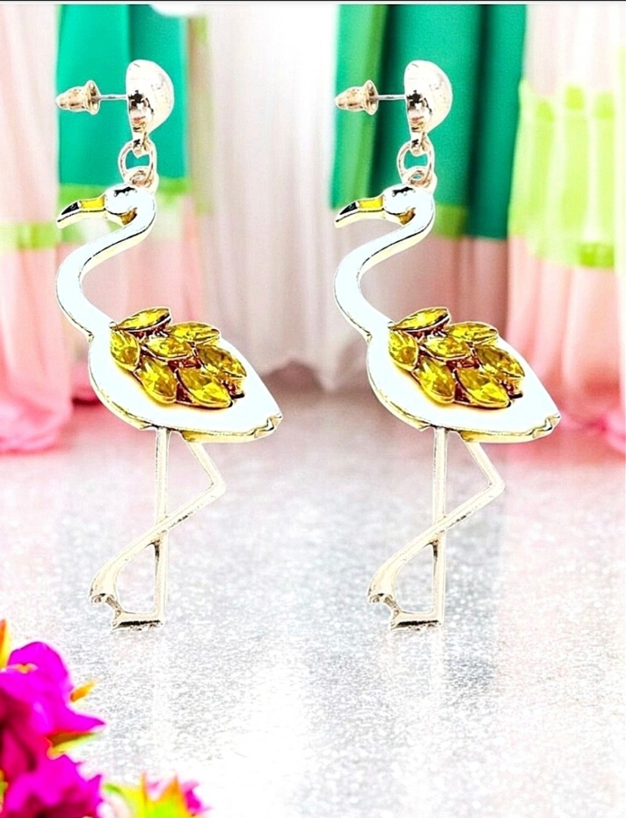 #1829 Gold-plated Yellow Crystal White Flamingo Earrings With Silver Post