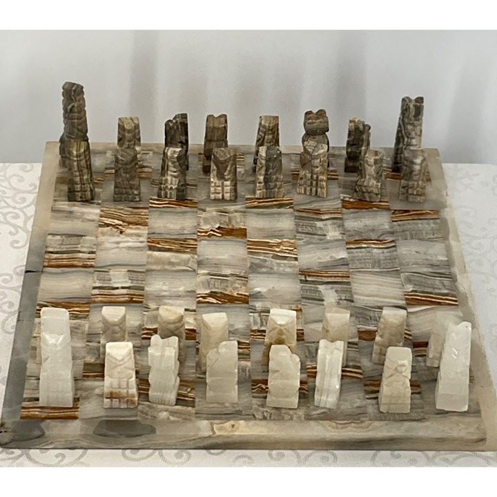 Handcrafted Onyx Marble Chess Set With Abstract Carved Pieces & Striped Board De