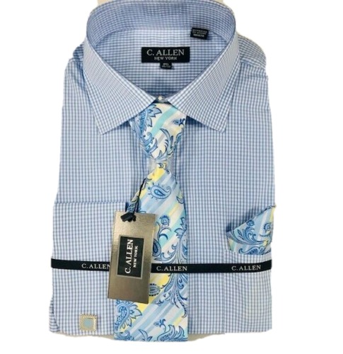 C. Allen Men's Blue White Dress Shirt Plaid Blue Yellow Aqua Tie Hanky Size 18.5