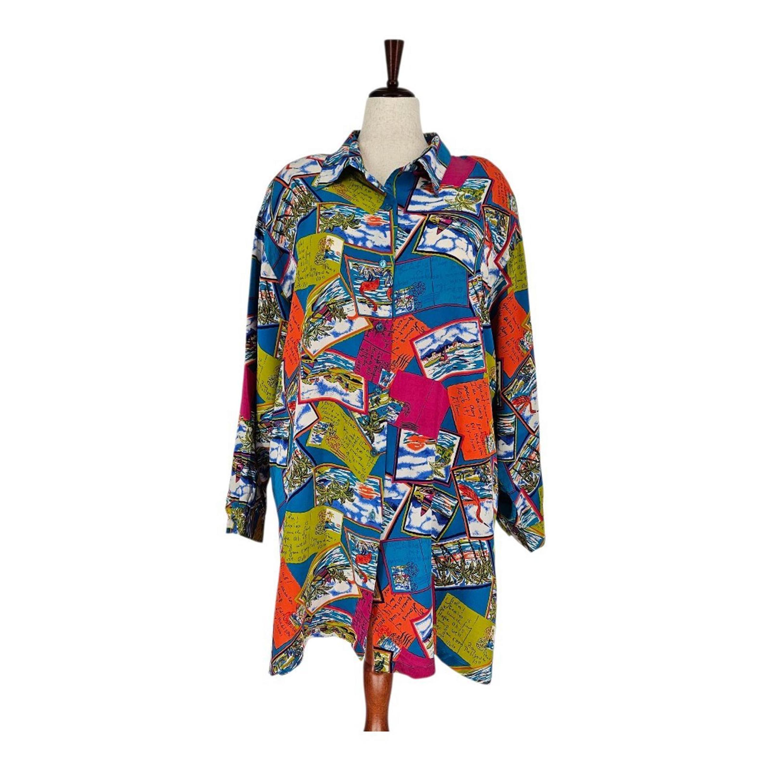 Vintage Diane Gilman Silk Colorful Tunic Blouse / Beach Cover Up Womens Size 3X