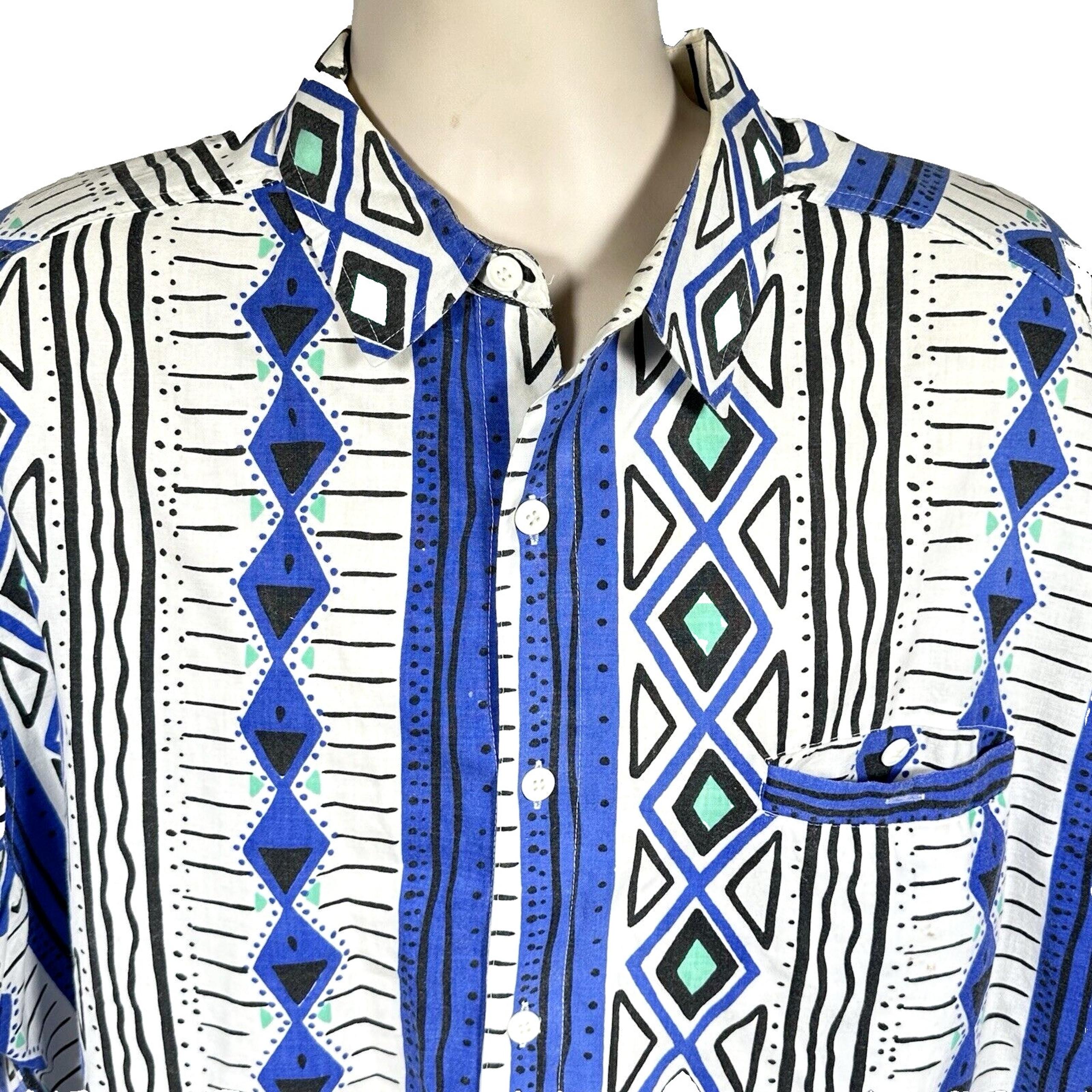 Vintage Gotcha Mens L Button Up Blue Black Geometric Shirt Surf Skater 90s Retro