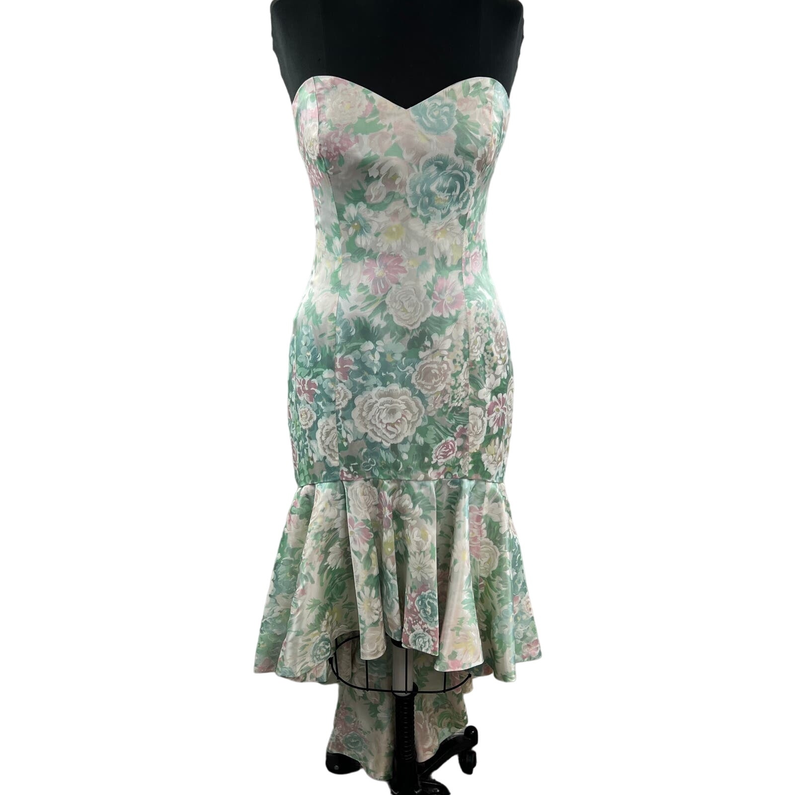 VINTAGE Strapless Floral Mermaid Dress Green Pink Satin Body Hugging Midi OOAK