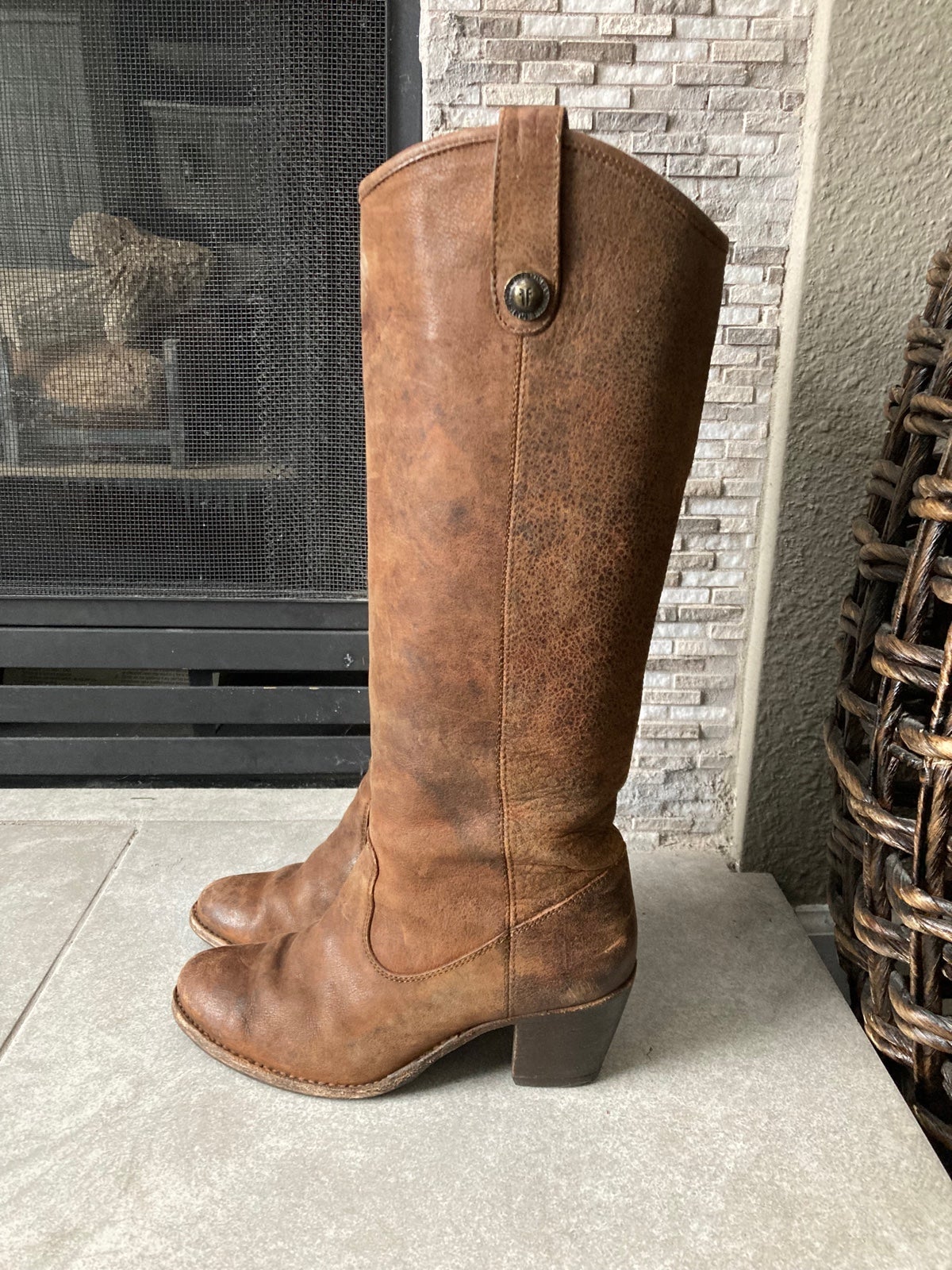 Frye Brown distressed leather Jackie Button Knee High Pull On Boots