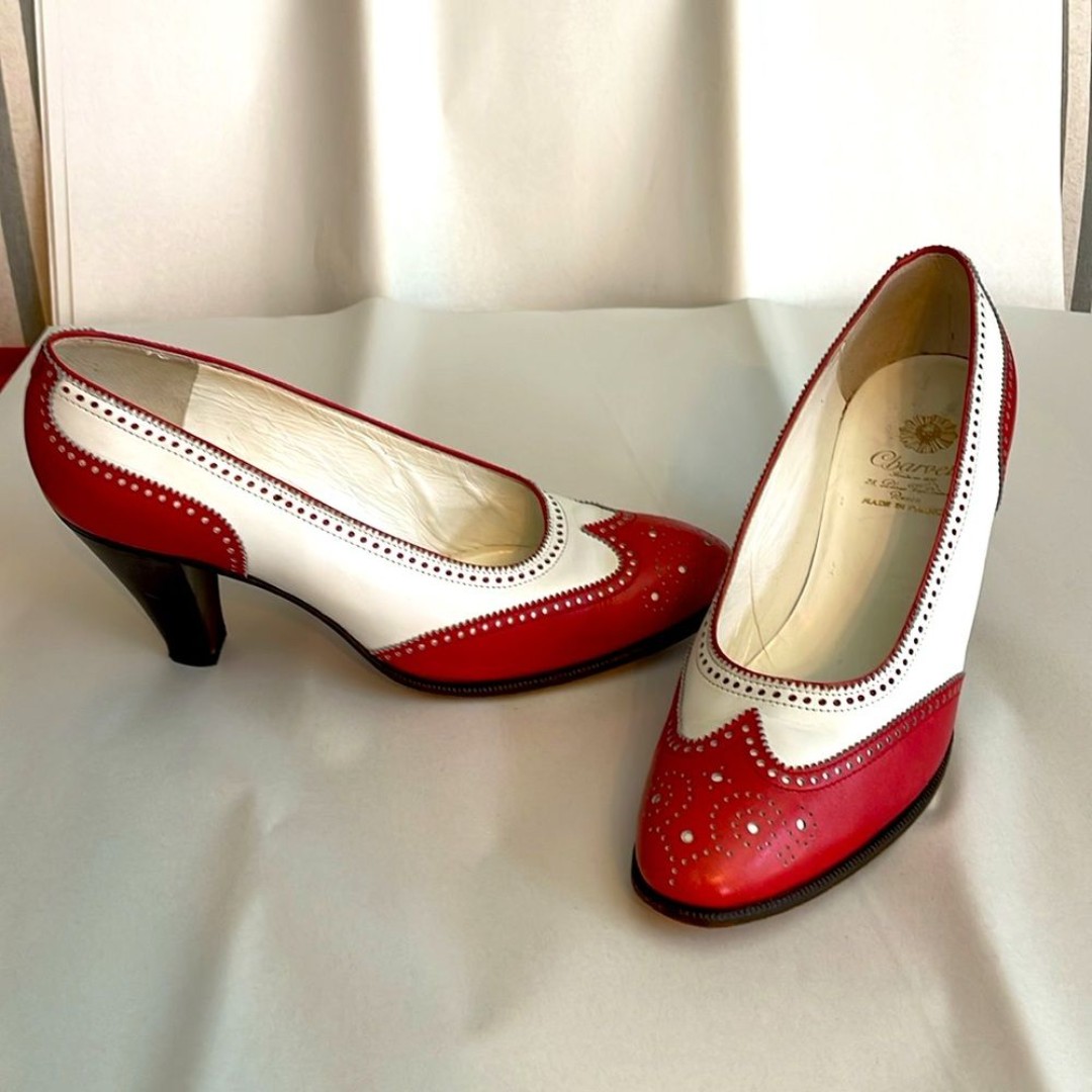 Charvet Vintage Leather Wingtip Heels Red And White Retro Shoes Size 36.5/6.5